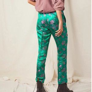 Free People Dark Hearts Green Pink Floral Jacquard Straight Leg Crop Pants